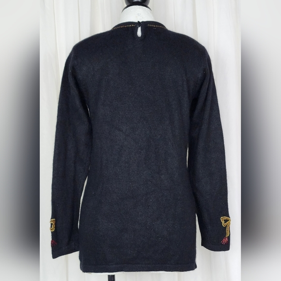 Vintage 80s black beaded sequin Xmas Christmas ornaments novelty sweater S - Picture 6 of 8